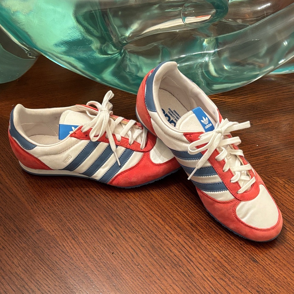 Adidas Red and Cream Trainers with Blue Stripes